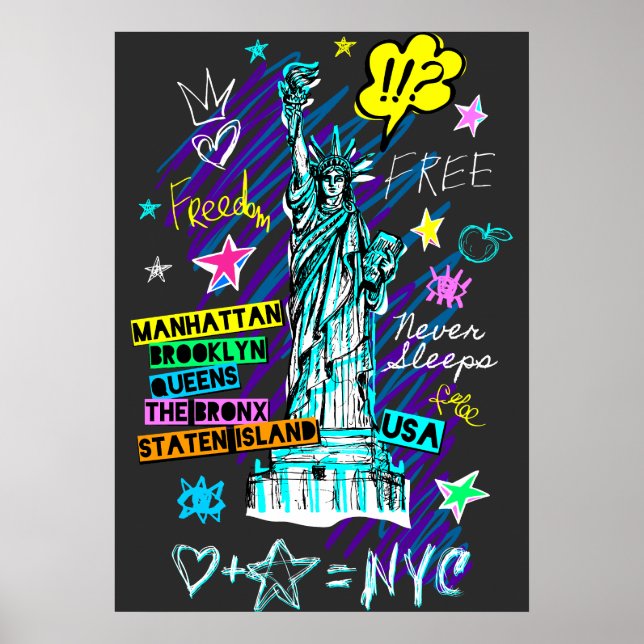 Affiche NYC Statue de la Liberté Voyage Doodle Art (Devant)