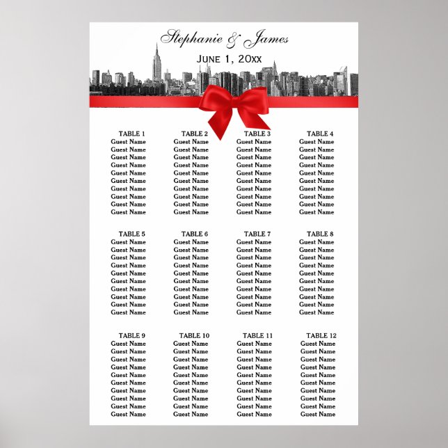 Affiche NYC Wide Skyline Etched BW Red Bow (Devant)