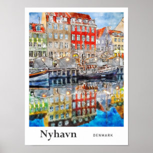 Affiche Nyhavn Danemark Voyage Aquarelle main tirée