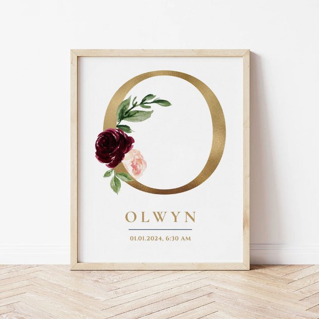 Affiche O Lettre Monogramme Nom Marsala Floral Nursery (Créateur téléchargé)