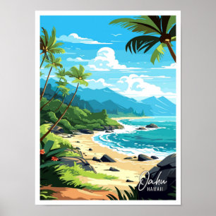 Affiche Oahu Hawaii USA Illustration de voyage Art vintage