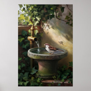 Affiche Oasis de jardin : Le moineau à la fontaine