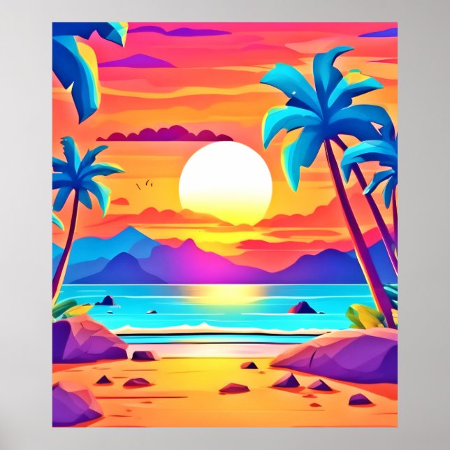 Affiche Oasis tropicale du coucher de soleil (Devant)
