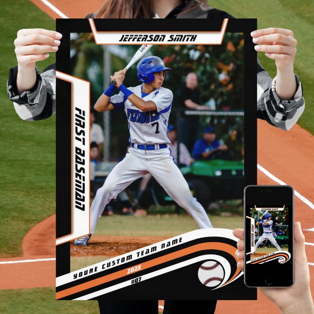 Affiche Objets de collection de baseball en orange vif noi (Baseball Player Poster in Black and Orange with Custom Team Name and dynamic White Elements)