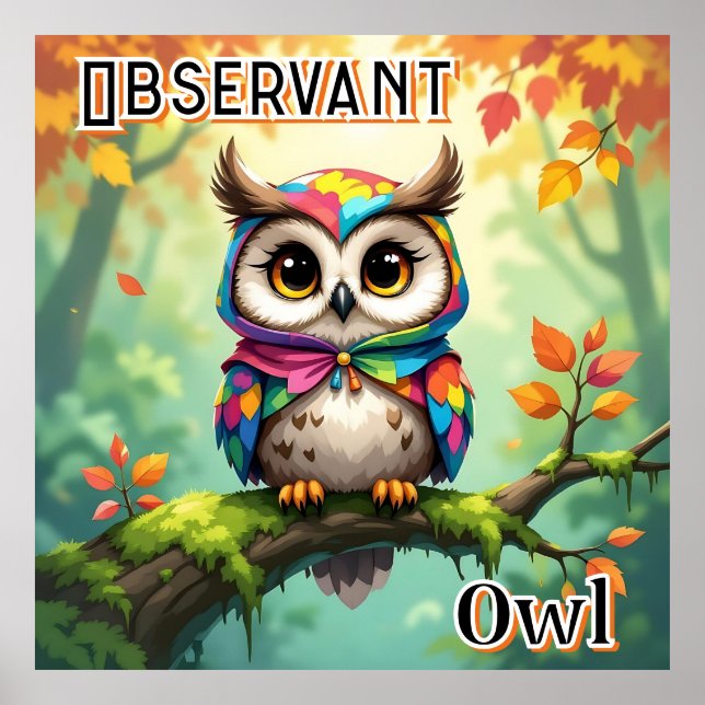 Affiche Observant Owl | Cute Cartoon Kid's Nursery Art (Devant)
