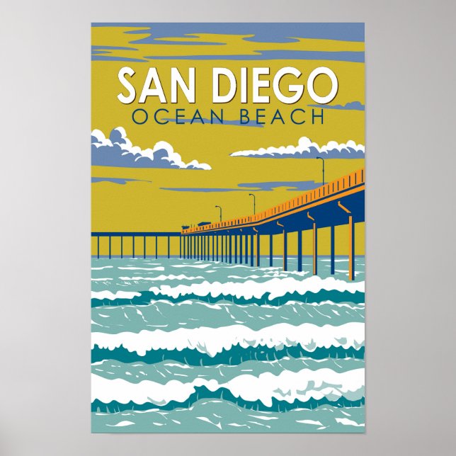 Affiche Ocean Beach San Diego Voyage Art Rétro (Devant)