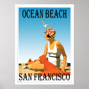Affiche Ocean Beach San Francisco, Californie Retro Beach