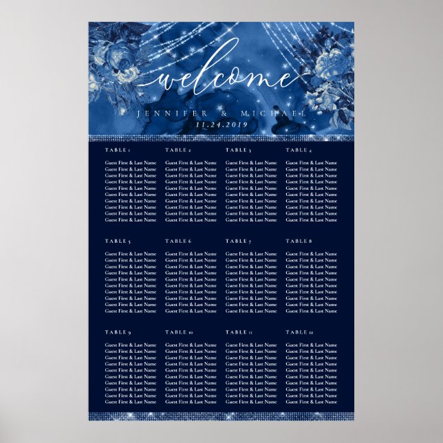 Affiche Ocean Blue Navy Floral Table Plan Seating (Devant)