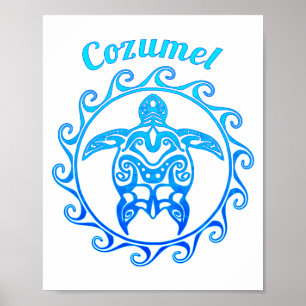 Affiche Ocean Blue Tribal Turtle Cozumel