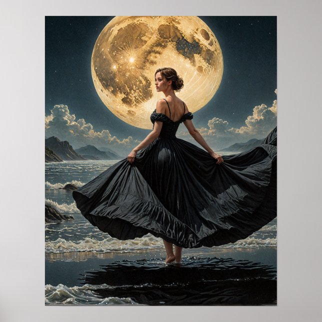 Affiche Ocean Dance Under the Moon Woman in Black Dress (Devant)