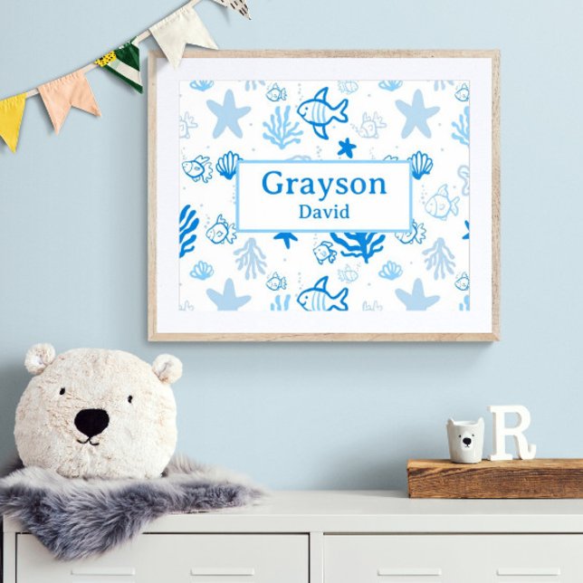 Affiche Ocean Fish Nom personnalisé Nursery Boys Room Art (Customize the name! Shown with white mat and wood frame. You will receive print or digital image .)