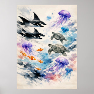 Affiche Océan Harmonie Art de la vie marine à l'aquarelle
