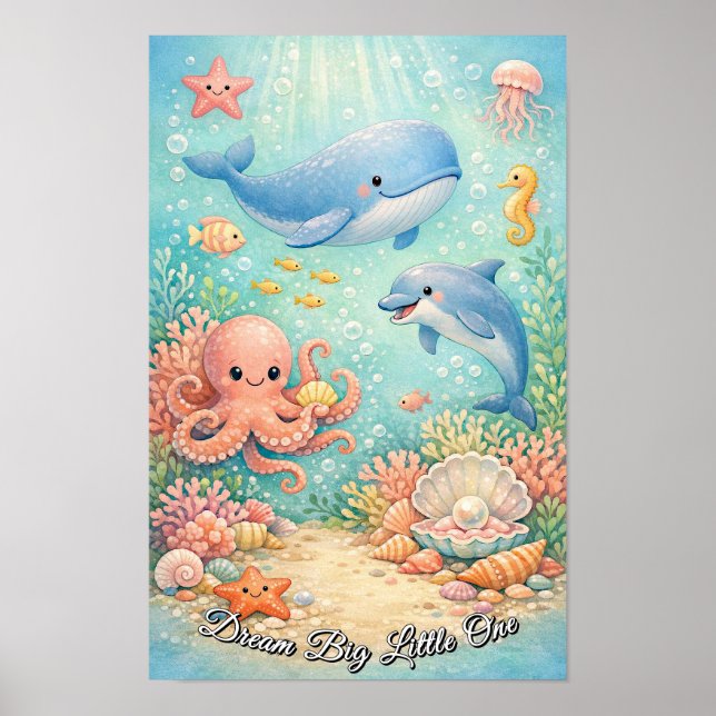 Affiche Océan Pastel Baleine Pieuvre Hippocampe Garçon Ble (Devant)