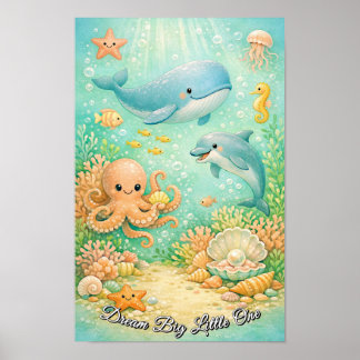 Affiche Océan Pastel Baleine Pieuvre Hippocampe Genre Neut