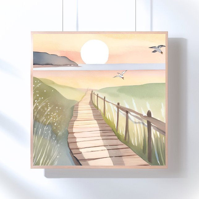 Affiche Ocean Stroll | Yellow Sunset Watercolor (Créateur téléchargé)