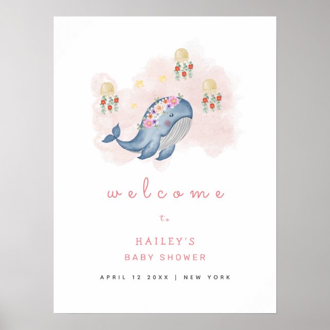 Affiche Ocean Sweet Whale Floral Baby shower Bienvenue (Devant)