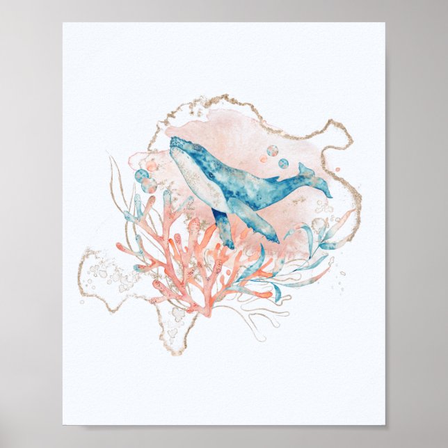Affiche Océan thème rose et bleu Aquarelle Baleine Mer (Devant)