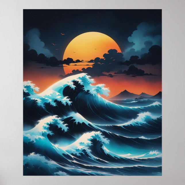 Affiche Ocean Wave Sunset Style Asie (Devant)