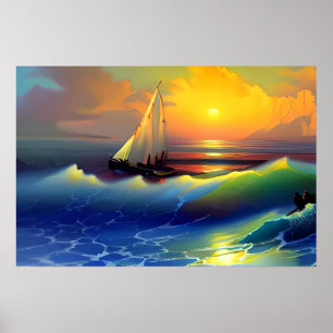 Affiche Ocean Waves, voilier et Sunset Reflet