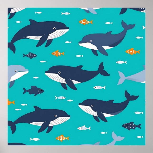Affiche Ocean Whales Dolphins Pattern (Devant)