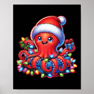Affiche Octopie De Noël Avec Chapeau De Père Noël Et Lumiè