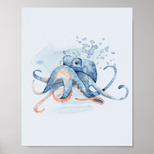 Affiche Octopus Bleu Aquarelle Océan Mer Thématique