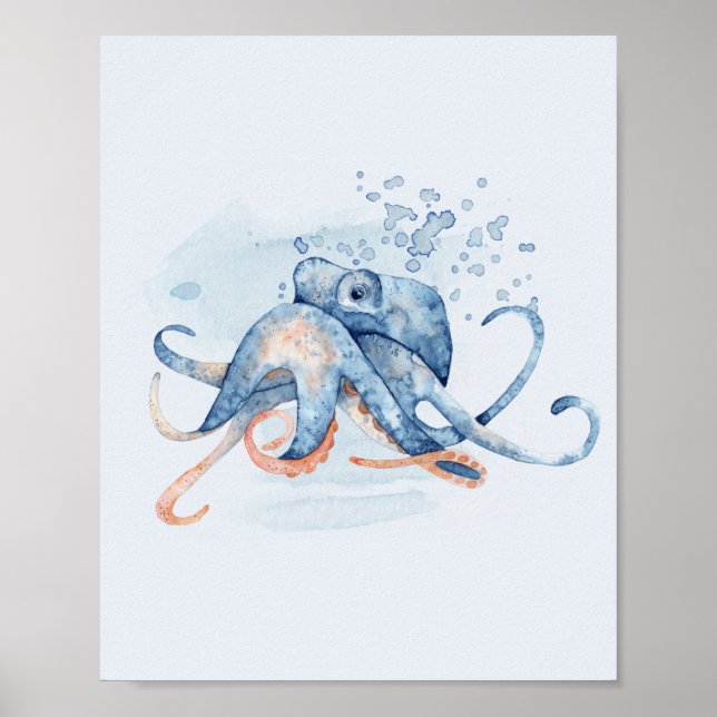 Affiche Octopus Bleu Aquarelle Océan Mer Thématique (Devant)
