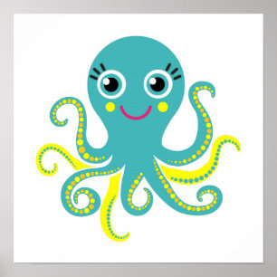 Affiche Octopus bleu et jaune