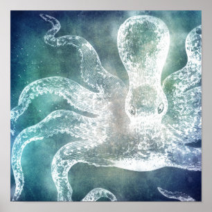 Affiche Octopus Midnight Blue Aquarelle Turquoise Art Vint
