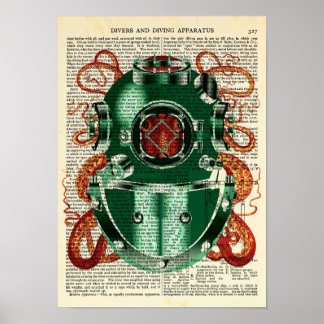 Affiche Octopus portant le casque de plongée Curiosité Vin