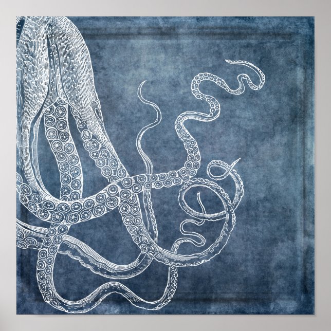 Affiche Octopus Twilight Blue Denim Aquarelle Art (Devant)