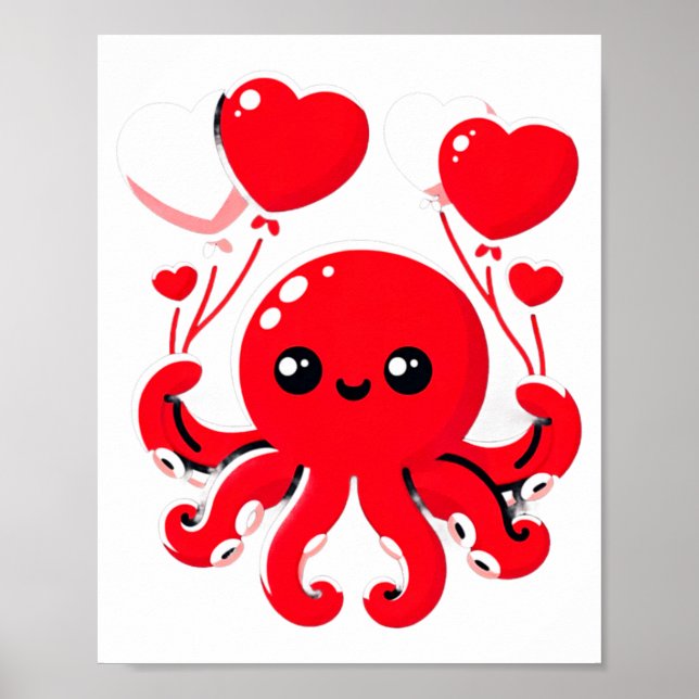 Affiche Octopus With Heart Lloons Adorable Valentines Day  (Devant)