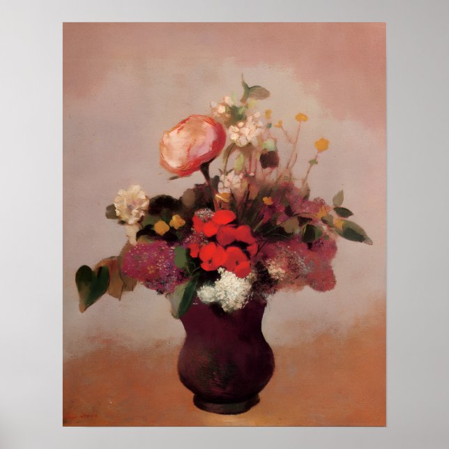 Affiche Odilon Redon - Fleurs dans un vase marron, (Devant)