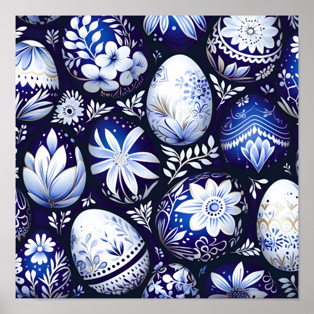 Affiche Œuf de Pâques Floral de Printemps Bleu Scandinave (Devant)