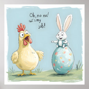 Affiche OEuf de poulet lapin en caricature Amusant Pâques