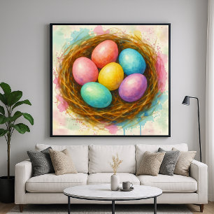 Affiche OEufs de nid colorés - Aquarelle Peinture Style Ar