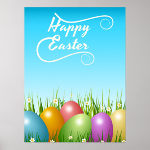 AFFICHE OEUFS DE PÂQUES COLORÉS "HAPPY EASTER"