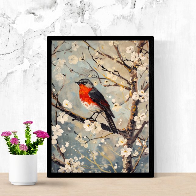 Affiche Oeuvre d'art à l'aquarelle Oiseau dans l'arbre Fle (Red Breast Bird in Tree with White Flower Blossoms Wall Art Poster Print.)