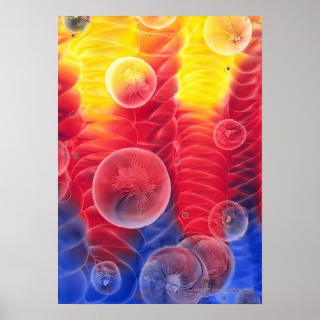 Affiche Œuvre d'art abstrait peinte à la main Rouge Jaune  (Devant)