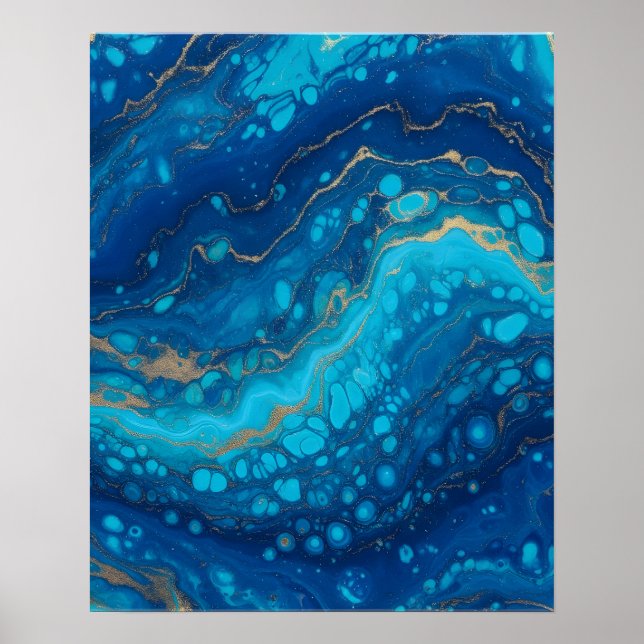 Affiche Œuvre d'art abstraite bleue de marbre océanique po (Devant)