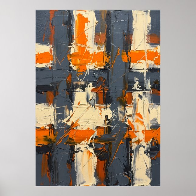 Affiche Œuvre d'art abstraite texturée orange et grise (Devant)