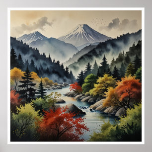 Affiche Œuvre d'art aquarelle Montagnes Japonaises