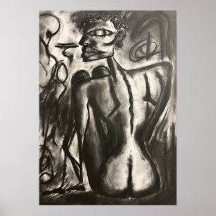 Affiche œuvre d'art au charbon de bois assise