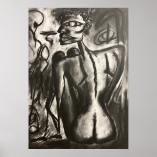 Affiche œuvre d'art au charbon de bois assise