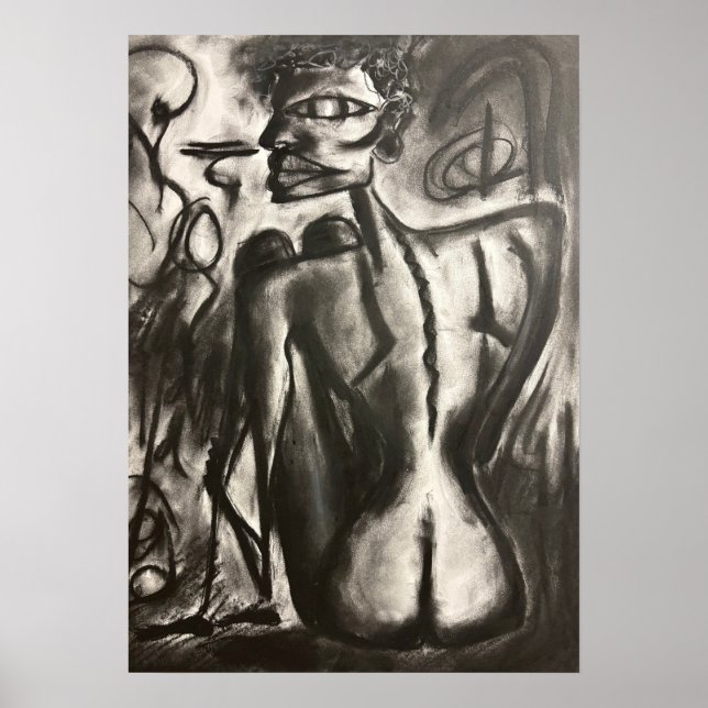 Affiche œuvre d'art au charbon de bois assise (Devant)