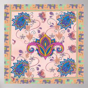 Affiche Œuvre d'art boho paisley et motif éléphant_mandala