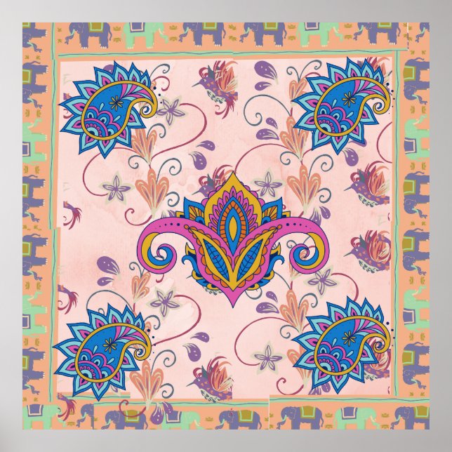 Affiche Œuvre d'art boho paisley et motif éléphant_mandala (Devant)