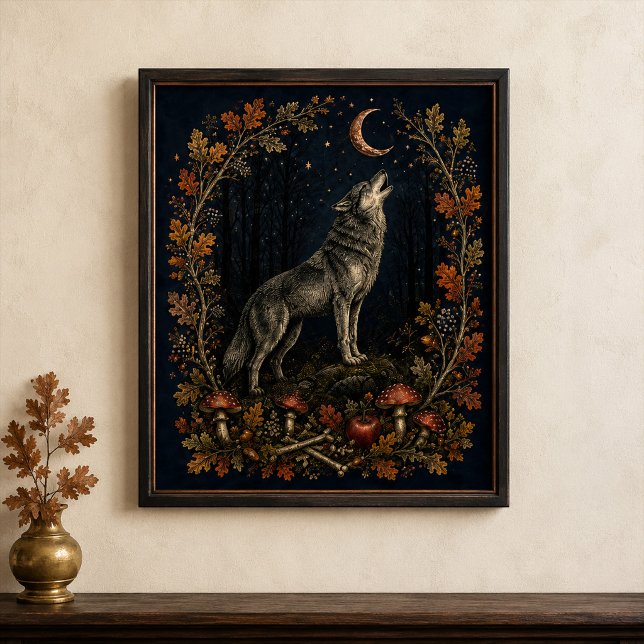 Affiche Œuvre d'art botanique murale victorienne loup de S (Victorian Samhain Wolf Botanical Wall Art)