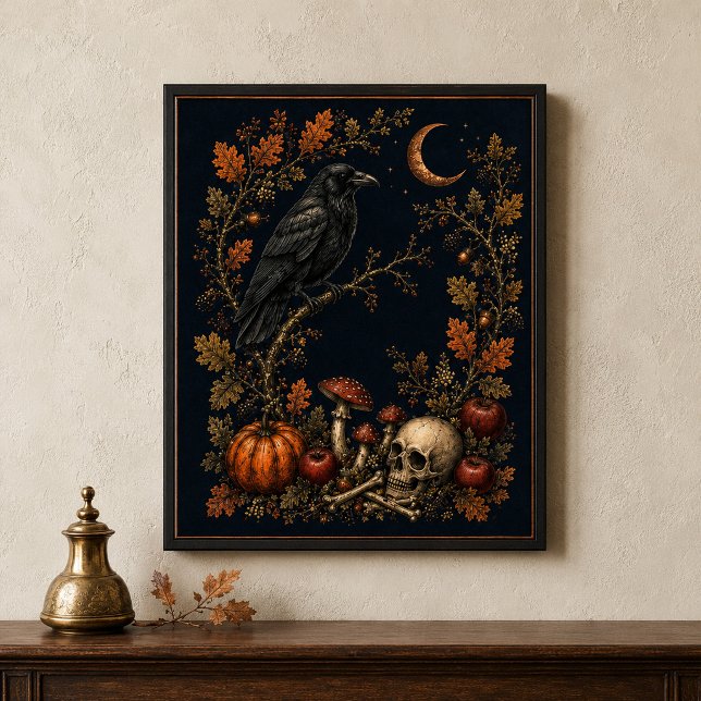 Affiche Œuvre d'art botanique victorienne de corbeau de Sa (Victorian Samhain Raven Botanical Wall Art)