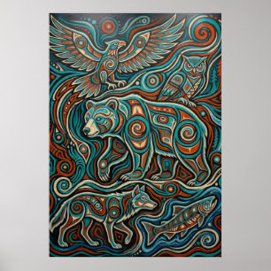 Affiche Œuvre d'art d'animal spirituel turquoise et rouge